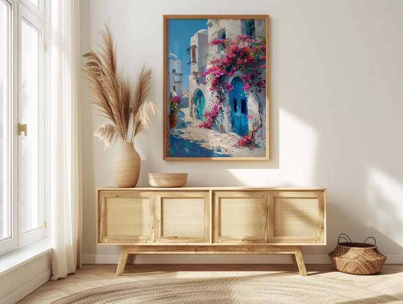 Tunisia Wall Art, Sidi Bou Said Print, Blue and White, Impasto Oil Painting, Pink Flowers, Mediterranean Art