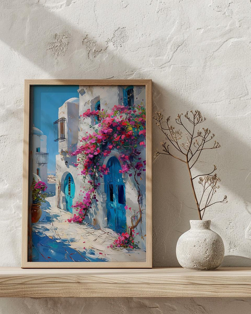 Tunisia Wall Art, Sidi Bou Said Print, Blue and White, Impasto Oil Painting, Pink Flowers, Mediterranean Art