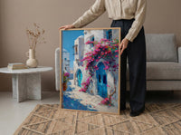 Tunisia Wall Art, Sidi Bou Said Print, Blue and White, Impasto Oil Painting, Pink Flowers, Mediterranean Art