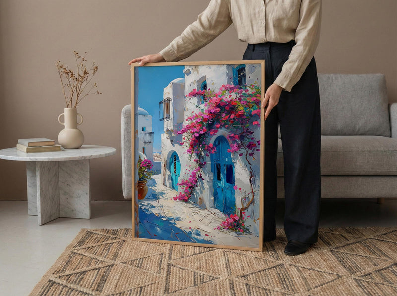 Tunisia Wall Art, Sidi Bou Said Print, Blue and White, Impasto Oil Painting, Pink Flowers, Mediterranean Art