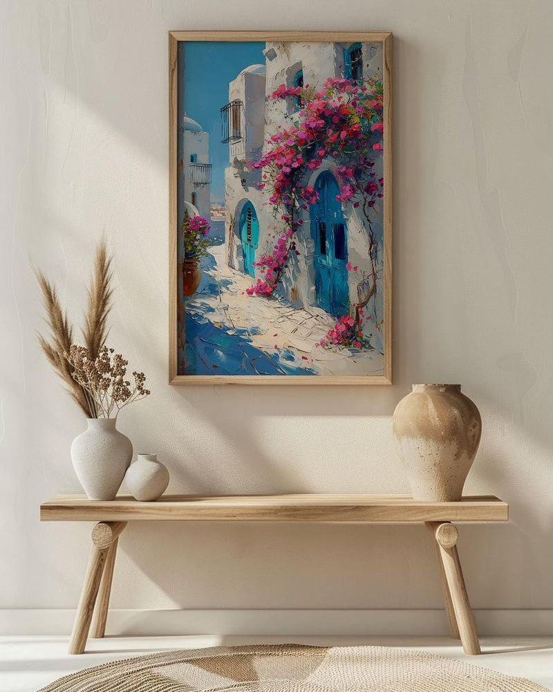 Tunisia Wall Art, Sidi Bou Said Print, Blue and White, Impasto Oil Painting, Pink Flowers, Mediterranean Art