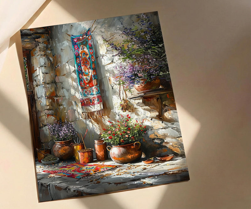 Turkish Rug Art, Kilim Wall Decor, Rustic Stone Print, Impasto Oil Painting, Boho Texture, Copper Pot, Kitchen
