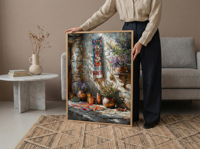 Turkish Rug Art, Kilim Wall Decor, Rustic Stone Print, Impasto Oil Painting, Boho Texture, Copper Pot, Kitchen