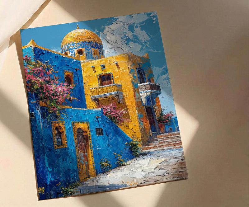 Egypt Wall Art, Nubian House Print, Colorful Aswan, Impasto Oil Painting, Geometric Pattern, African Boho