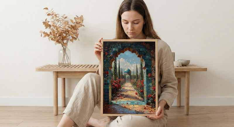 Persian Art Print, Garden Arch Decor, Turquoise Tile, Impasto Oil Painting, Red Roses, Mystic Landscape, Spiritual