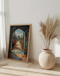 Persian Art Print, Garden Arch Decor, Turquoise Tile, Impasto Oil Painting, Red Roses, Mystic Landscape, Spiritual