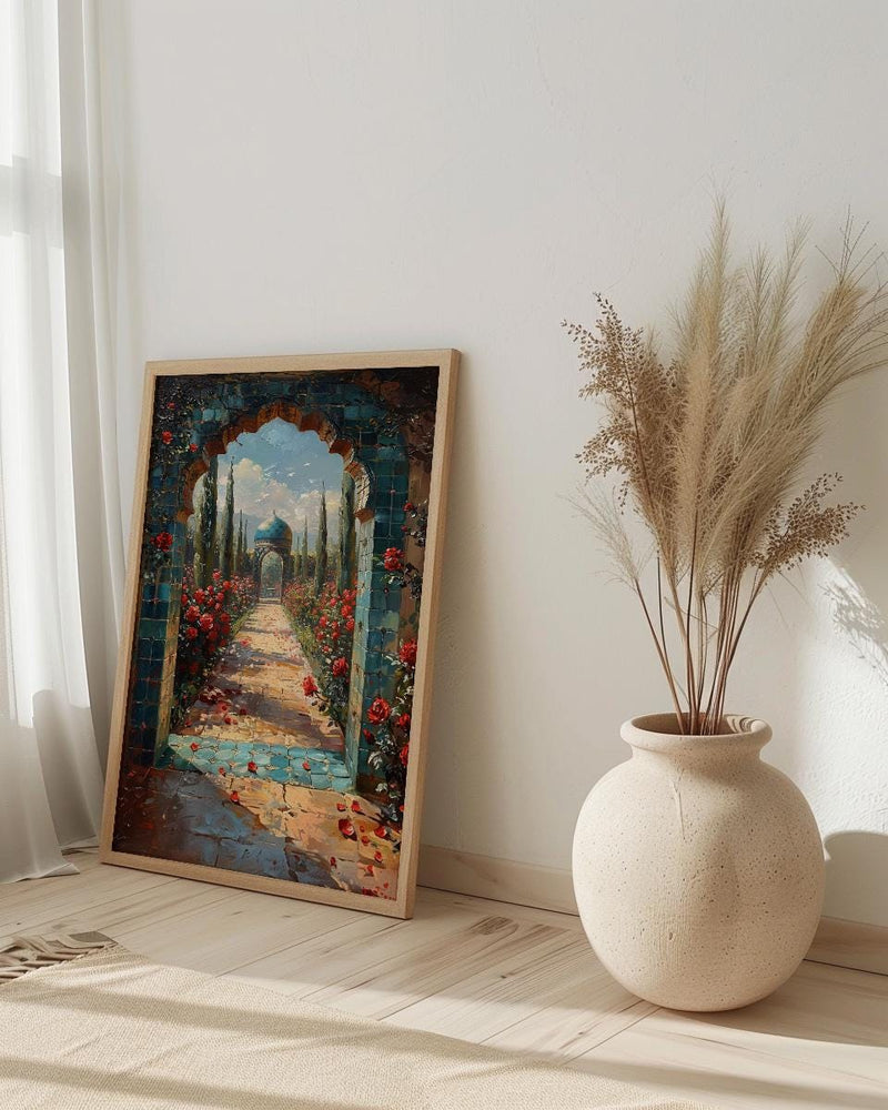 Persian Art Print, Garden Arch Decor, Turquoise Tile, Impasto Oil Painting, Red Roses, Mystic Landscape, Spiritual