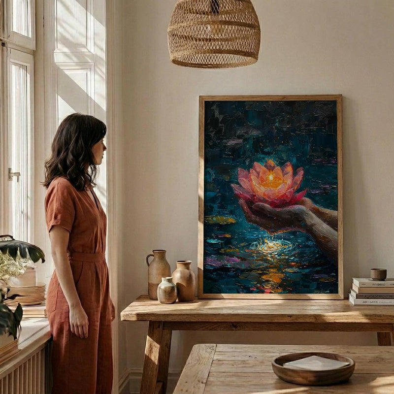 Lotus Flower Art, Spiritual Print, Buddhist Decor, Impasto Oil Painting, Floating Candle, Peace Gift, Wedding Gift