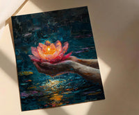Lotus Flower Art, Spiritual Print, Buddhist Decor, Impasto Oil Painting, Floating Candle, Peace Gift, Wedding Gift