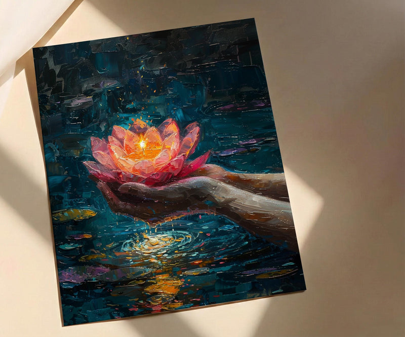 Lotus Flower Art, Spiritual Print, Buddhist Decor, Impasto Oil Painting, Floating Candle, Peace Gift, Wedding Gift