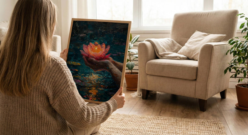 Lotus Flower Art, Spiritual Print, Buddhist Decor, Impasto Oil Painting, Floating Candle, Peace Gift, Wedding Gift