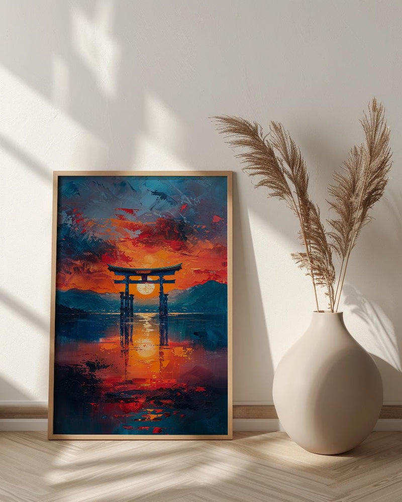 Torii Gate Art, Japan Shrine Print, Itsukushima Sunset, Impasto Oil Painting, Spiritual Decor, Minimalist, Wedding Gift