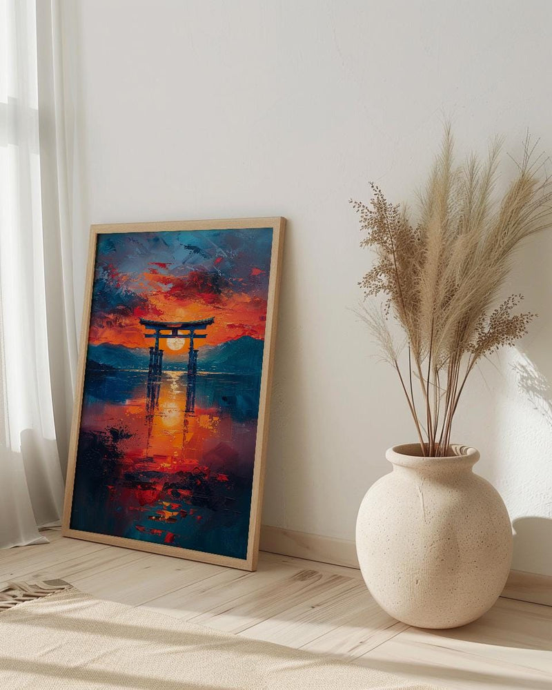 Torii Gate Art, Japan Shrine Print, Itsukushima Sunset, Impasto Oil Painting, Spiritual Decor, Minimalist, Wedding Gift