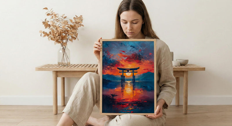 Torii Gate Art, Japan Shrine Print, Itsukushima Sunset, Impasto Oil Painting, Spiritual Decor, Minimalist, Wedding Gift