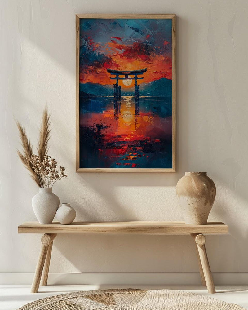 Torii Gate Art, Japan Shrine Print, Itsukushima Sunset, Impasto Oil Painting, Spiritual Decor, Minimalist, Wedding Gift