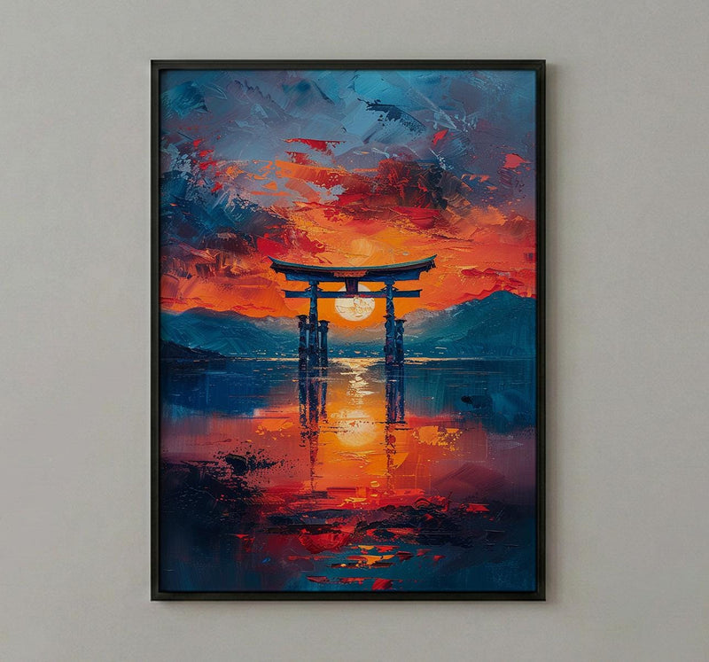 Torii Gate Art, Japan Shrine Print, Itsukushima Sunset, Impasto Oil Painting, Spiritual Decor, Minimalist, Wedding Gift