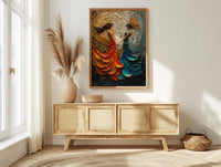 Fan Dance Art, Asian Culture Print, Abstract Motion, Impasto Oil Painting, Gold and Red, Dance Decor, Anniversary Gift
