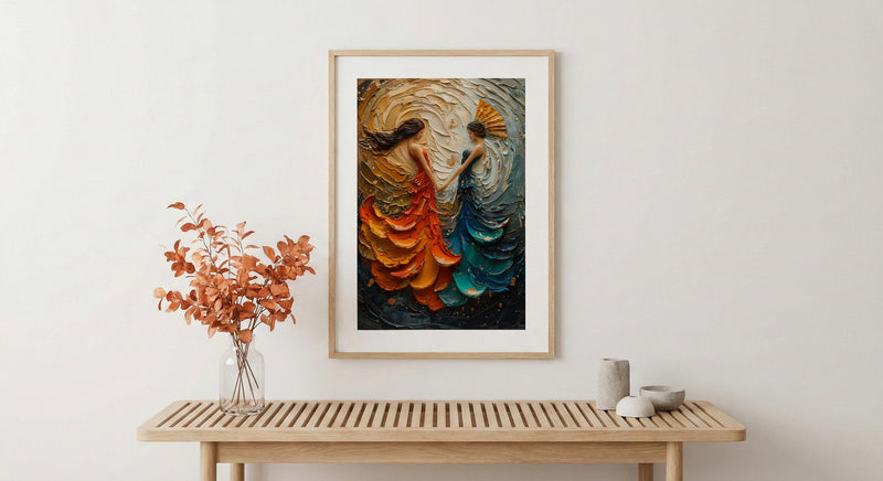 Fan Dance Art, Asian Culture Print, Abstract Motion, Impasto Oil Painting, Gold and Red, Dance Decor, Anniversary Gift