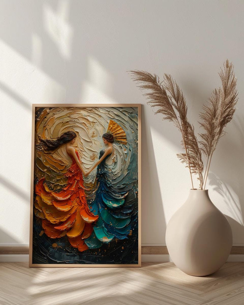 Fan Dance Art, Asian Culture Print, Abstract Motion, Impasto Oil Painting, Gold and Red, Dance Decor, Anniversary Gift