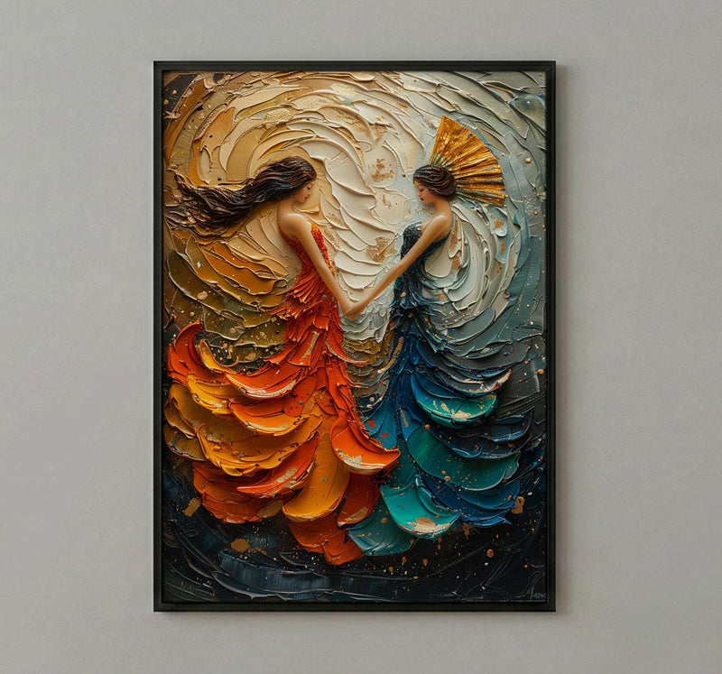 Fan Dance Art, Asian Culture Print, Abstract Motion, Impasto Oil Painting, Gold and Red, Dance Decor, Anniversary Gift