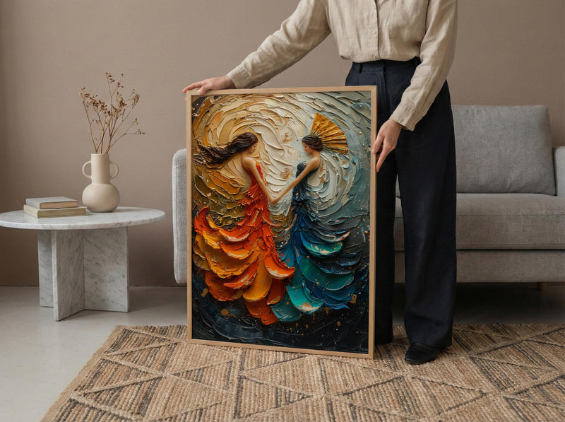 Fan Dance Art, Asian Culture Print, Abstract Motion, Impasto Oil Painting, Gold and Red, Dance Decor, Anniversary Gift
