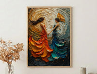 Fan Dance Art, Asian Culture Print, Abstract Motion, Impasto Oil Painting, Gold and Red, Dance Decor, Anniversary Gift