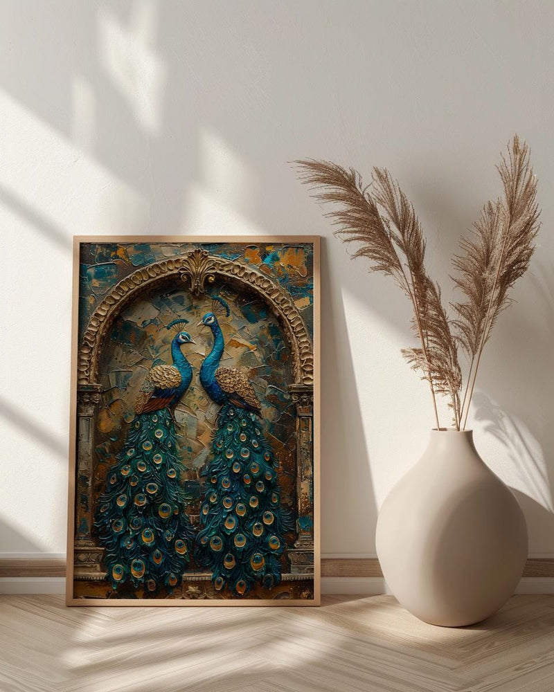 Peacock Wall Art, Indian Decor, Royal Bird Print, Impasto Oil Painting, Teal and Gold, Luxury Wall Art, Animal Love