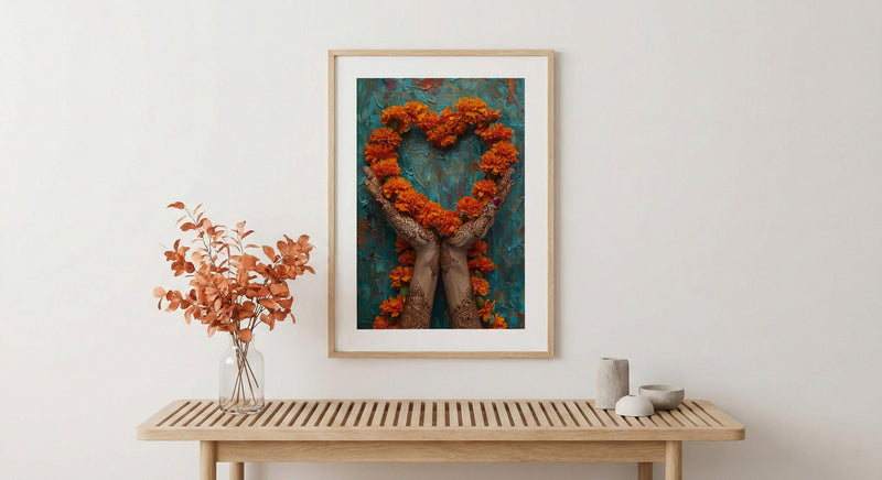Mehndi Art Print, Henna Hands, Indian Wedding Gift, Impasto Oil Painting, Cultural Decor, Love Symbol, Red and Gold