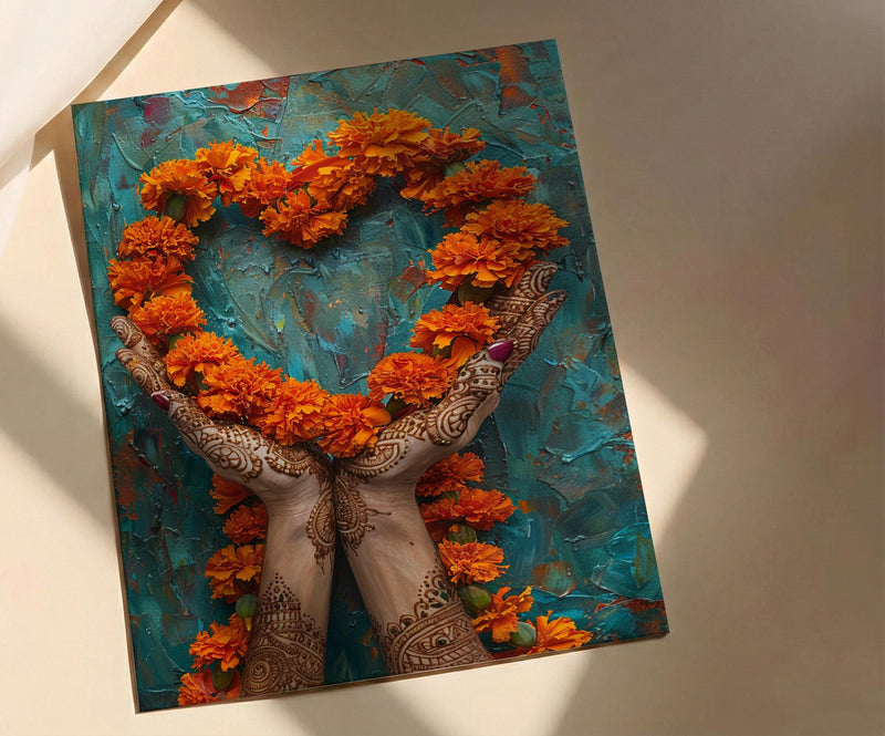 Mehndi Art Print, Henna Hands, Indian Wedding Gift, Impasto Oil Painting, Cultural Decor, Love Symbol, Red and Gold