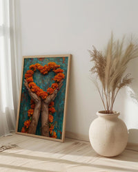 Mehndi Art Print, Henna Hands, Indian Wedding Gift, Impasto Oil Painting, Cultural Decor, Love Symbol, Red and Gold