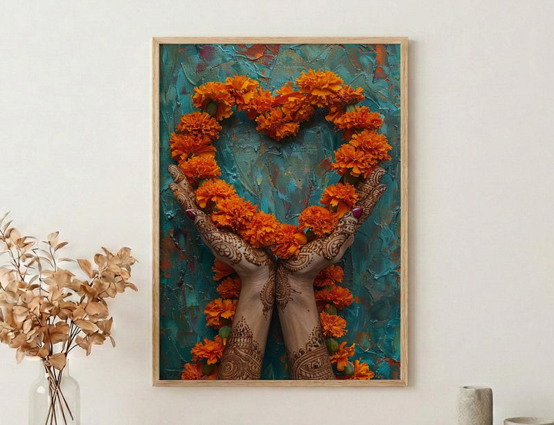 Mehndi Art Print, Henna Hands, Indian Wedding Gift, Impasto Oil Painting, Cultural Decor, Love Symbol, Red and Gold