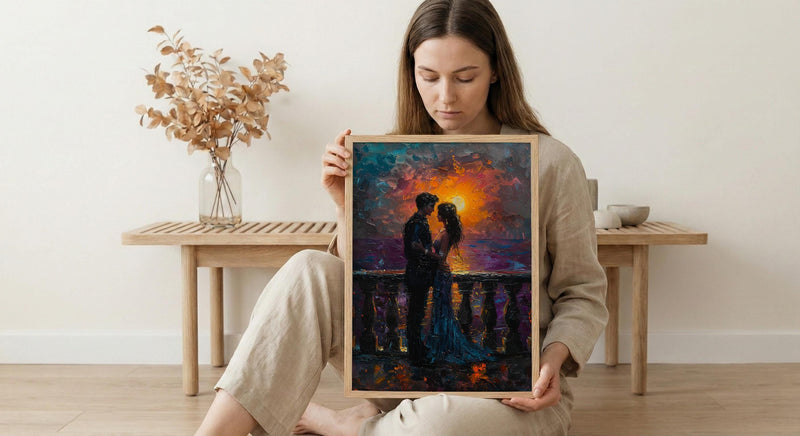 Indian Couple Art, Royal Palace Print, Rajasthan Decor, Impasto Oil Painting, Traditional Wear, Sunset Silhouette, Saree Art