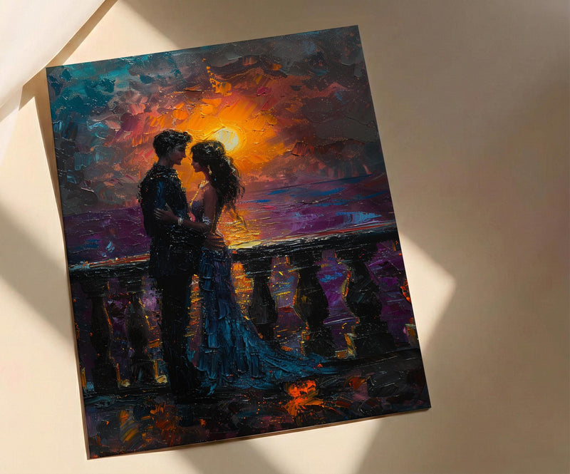 Indian Couple Art, Royal Palace Print, Rajasthan Decor, Impasto Oil Painting, Traditional Wear, Sunset Silhouette, Saree Art