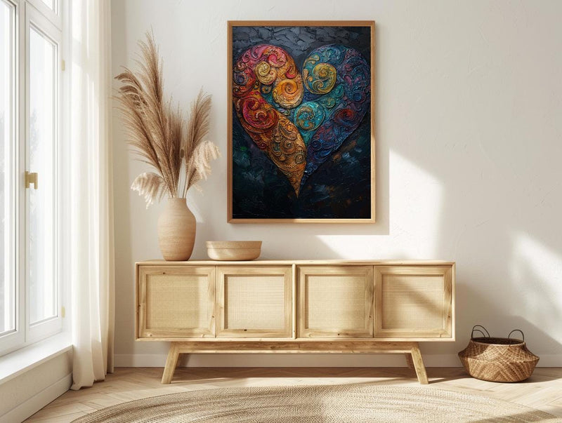 Paisley Pattern Art, Indian Motif Print, Boho Heart Decor, Impasto Oil Painting, Jewel Tones, Textile Art, Cultural Gift