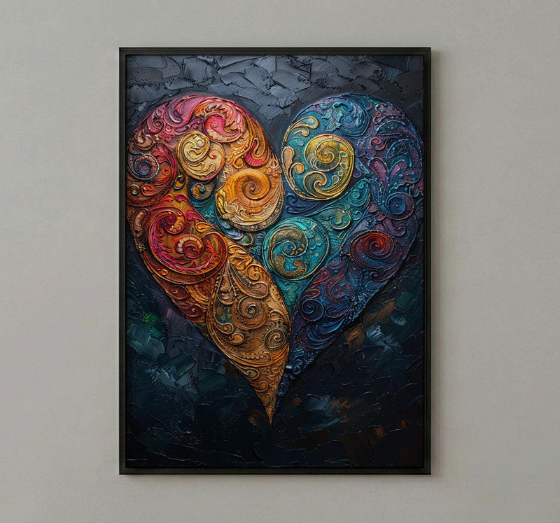 Paisley Pattern Art, Indian Motif Print, Boho Heart Decor, Impasto Oil Painting, Jewel Tones, Textile Art, Cultural Gift