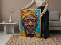 African Man Portrait Oil Painting, Elderly Face Poster, Cultural Heritage Art Print, Heavy Impasto Style, Blue Gold Wall Decor