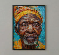 African Man Portrait Oil Painting, Elderly Face Poster, Cultural Heritage Art Print, Heavy Impasto Style, Blue Gold Wall Decor