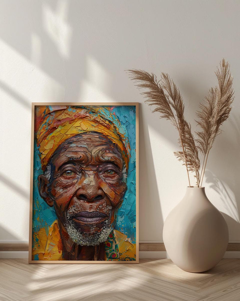 African Man Portrait Oil Painting, Elderly Face Poster, Cultural Heritage Art Print, Heavy Impasto Style, Blue Gold Wall Decor