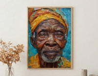 African Man Portrait Oil Painting, Elderly Face Poster, Cultural Heritage Art Print, Heavy Impasto Style, Blue Gold Wall Decor