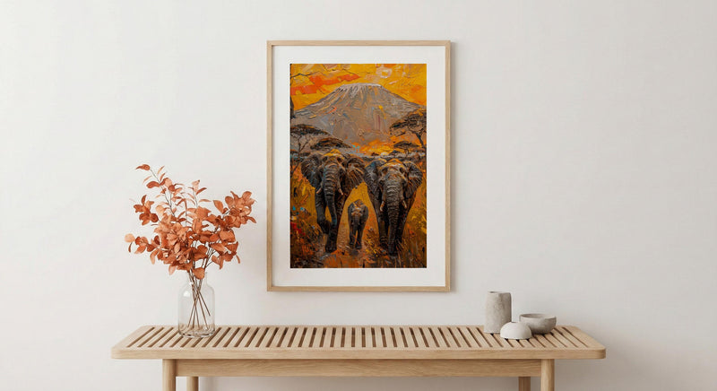 African Elephant Oil Painting Poster, Safari Nursery Wall Art, Impasto Art Print, Kilimanjaro Sunset, Textured Look Wildlife Decor