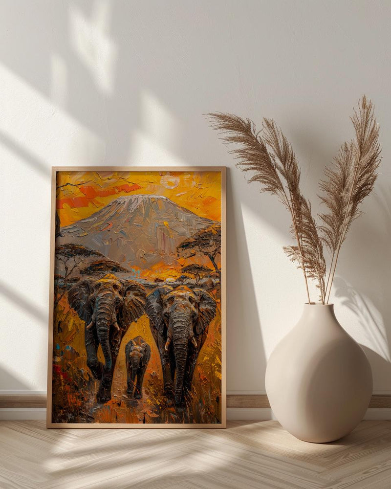 African Elephant Oil Painting Poster, Safari Nursery Wall Art, Impasto Art Print, Kilimanjaro Sunset, Textured Look Wildlife Decor