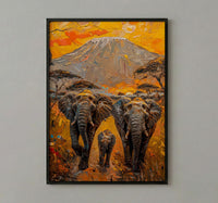 African Elephant Oil Painting Poster, Safari Nursery Wall Art, Impasto Art Print, Kilimanjaro Sunset, Textured Look Wildlife Decor