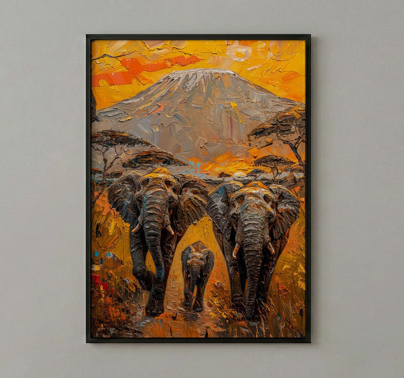 African Elephant Oil Painting Poster, Safari Nursery Wall Art, Impasto Art Print, Kilimanjaro Sunset, Textured Look Wildlife Decor