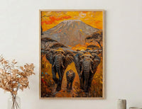 African Elephant Oil Painting Poster, Safari Nursery Wall Art, Impasto Art Print, Kilimanjaro Sunset, Textured Look Wildlife Decor