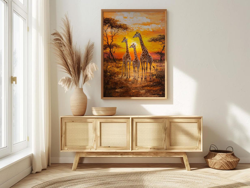 Giraffe Family Oil Painting Poster, Safari Nursery Wall Art, African Wildlife Print, Savanna Sunset Decor, Impasto Art Print