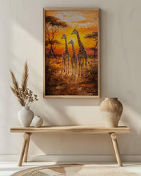 Giraffe Family Oil Painting Poster, Safari Nursery Wall Art, African Wildlife Print, Savanna Sunset Decor, Impasto Art Print