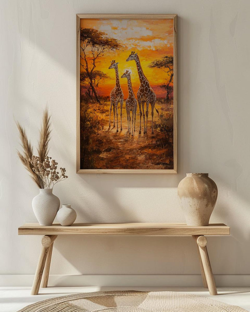 Giraffe Family Oil Painting Poster, Safari Nursery Wall Art, African Wildlife Print, Savanna Sunset Decor, Impasto Art Print