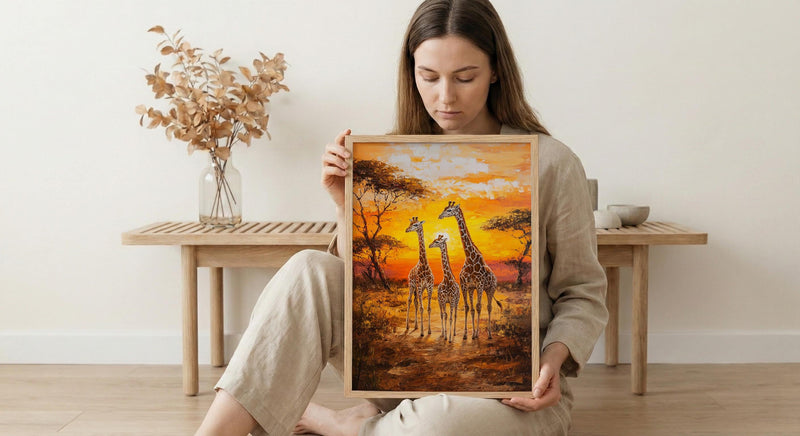 Giraffe Family Oil Painting Poster, Safari Nursery Wall Art, African Wildlife Print, Savanna Sunset Decor, Impasto Art Print