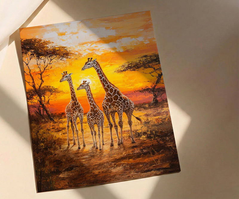 Giraffe Family Oil Painting Poster, Safari Nursery Wall Art, African Wildlife Print, Savanna Sunset Decor, Impasto Art Print