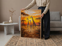 Giraffe Family Oil Painting Poster, Safari Nursery Wall Art, African Wildlife Print, Savanna Sunset Decor, Impasto Art Print